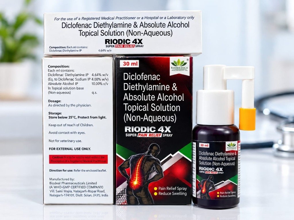 Riodic 4X Super Pain Relief Spray - Diclofenac Diethylamine and Absolute Alcohol Topical Solution - Riomedica Healthcare